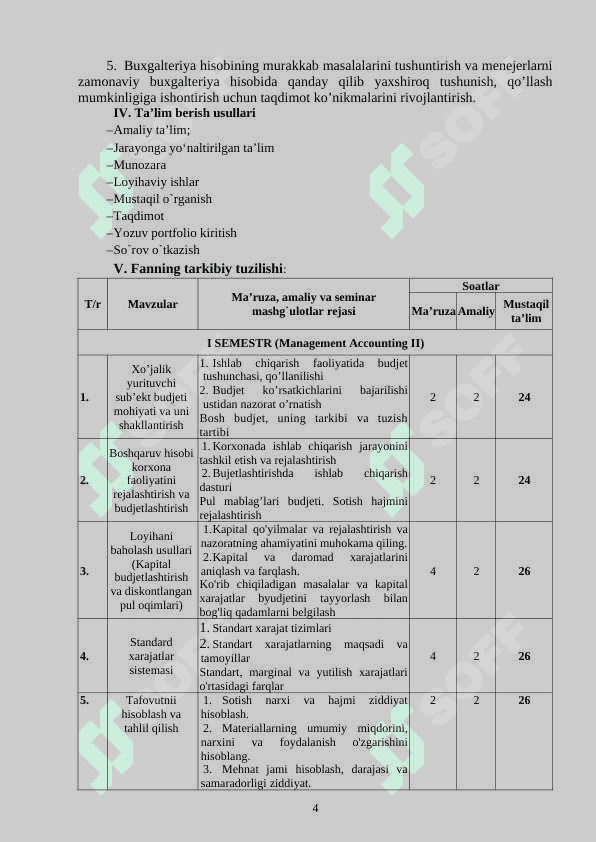 MANAGEMENT ACCOUNTING II, III FAN SILLABUSI 4