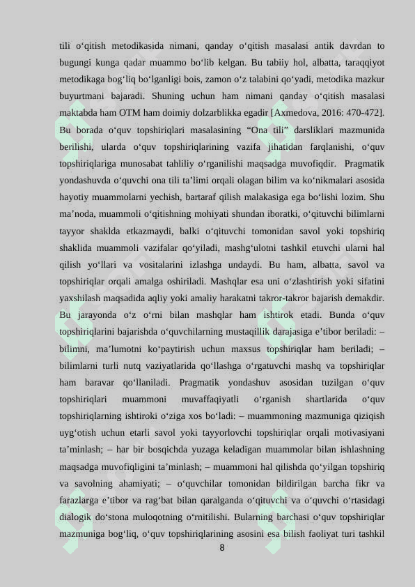 O‘quvchilarning og‘zaki va yozma nutqini o‘stirishda o‘quv topshiriqlarining ahamiyati 8