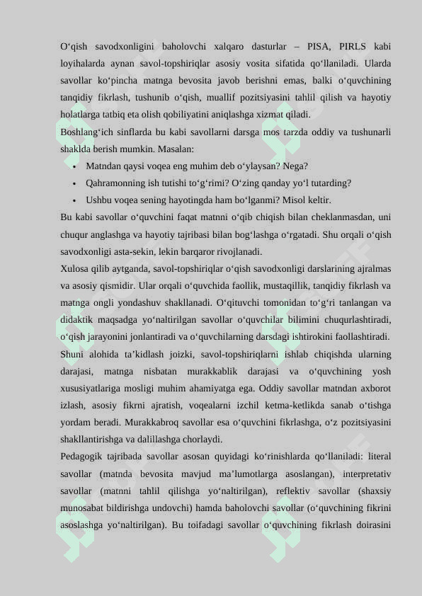 O’QISH SAVODXONLIGI DARSLARIDA SAVOL-TOPSHIRIQLAR USTIDA ISHLASH METODIKASI 6