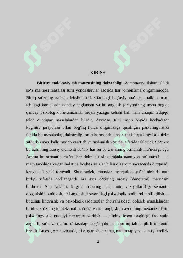 So‘zning matn ichida va matndan tashqaridagi ma’nosining psixolingvistik .BITIRUV MALAKAVIY ISHI 2