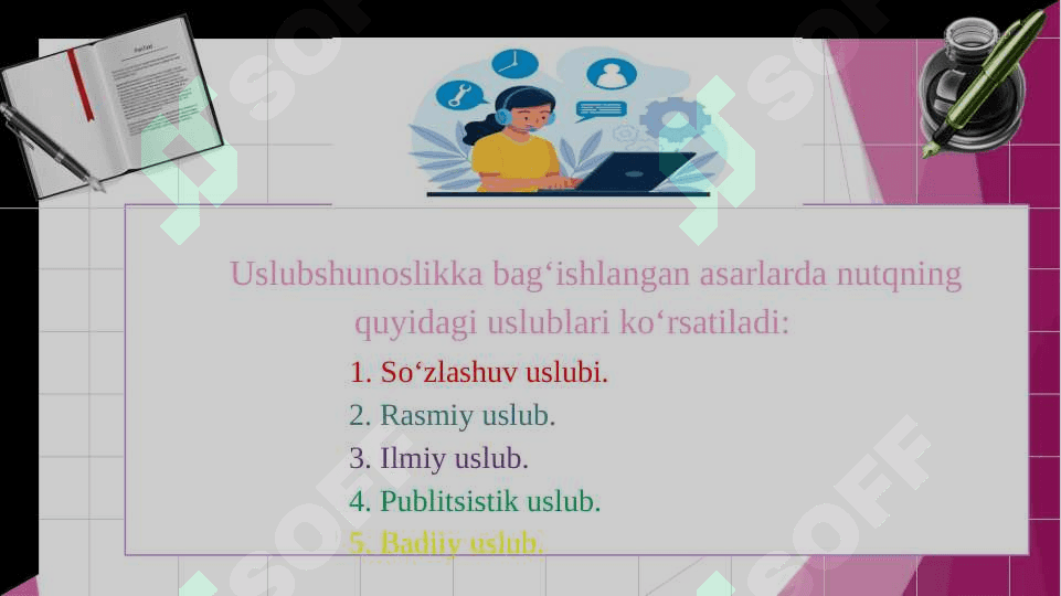 Nutq madaniyati va uslubiyat. O‘zbek tilining vazifaviy uslublari 8