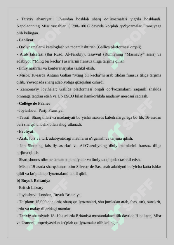 Yevropadagi sharq qo‘l yozmalarini tarjima qilish markazlari ma'lumotnoma 2