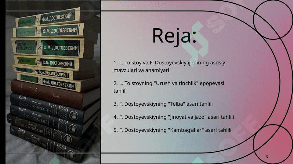 L. Tolstoy "Urush va Tinchlik" epopeyasi tahlili. Dostoyevskiyning "Telba", "Jinoyat va jazo", "Kambag'allar" asari tahlili. 3