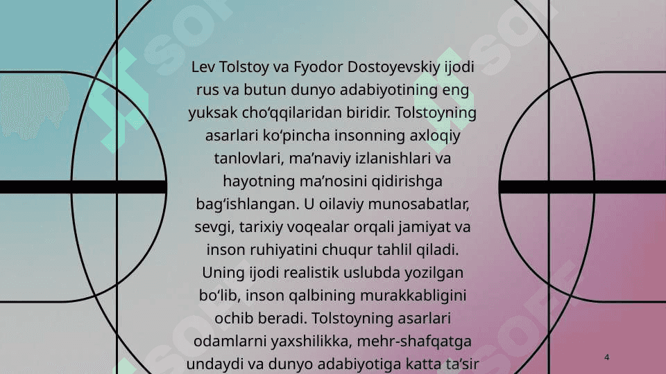 L. Tolstoy "Urush va Tinchlik" epopeyasi tahlili. Dostoyevskiyning "Telba", "Jinoyat va jazo", "Kambag'allar" asari tahlili. 4