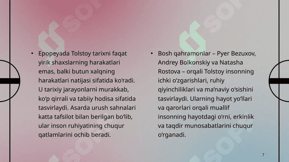 L. Tolstoy "Urush va Tinchlik" epopeyasi tahlili. Dostoyevskiyning "Telba", "Jinoyat va jazo", "Kambag'allar" asari tahlili. 7