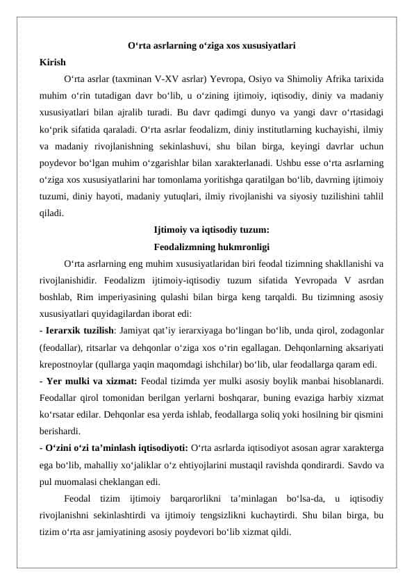 O‘rta asrlarning o‘ziga xos xususiyatlari esse