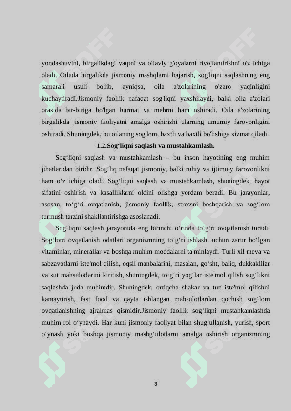 Oilada mustaqil jismoniy mashqlar bilan shug'ullanish mashg‘ulotlari 8