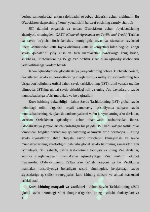 O'ZBEKISTON RESPUBLIKASINING BUTUN JAHON SAVDO TASHKILOTIGA A'ZO BO'LIB KIRISH MASALALARI 4