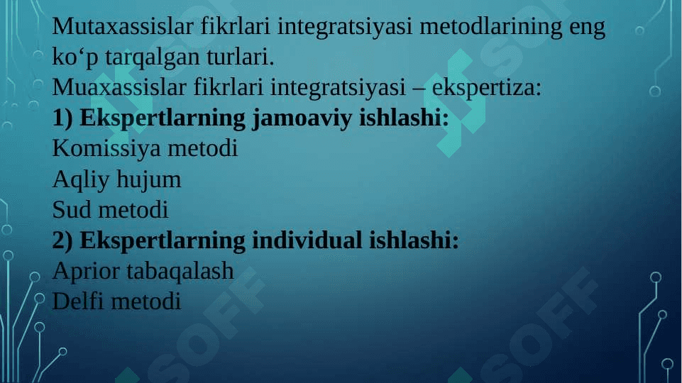 Qarorni ishlab chiqishda va holatlarni baholashda turli usullarni va o‘xshatishli (imitastiya) modellashtirish hamda ishbilarmonlar o‘yinlarini qo‘llash 3
