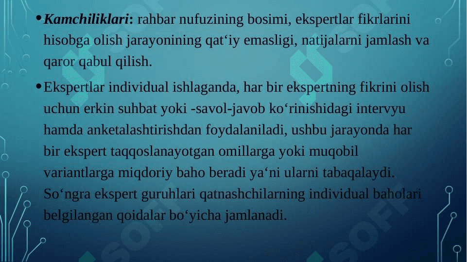 Qarorni ishlab chiqishda va holatlarni baholashda turli usullarni va o‘xshatishli (imitastiya) modellashtirish hamda ishbilarmonlar o‘yinlarini qo‘llash 4