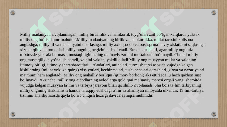 1. Milliy va umuminsoniy qadriyatlar dialektikasi.  2. Diniy  madaniy an’analarning jamiyat taraqqiyotiga ta’siri. 3. Oila va oilaviy qadriyatlar ma’naviy madaniyatning bosh omili. 3