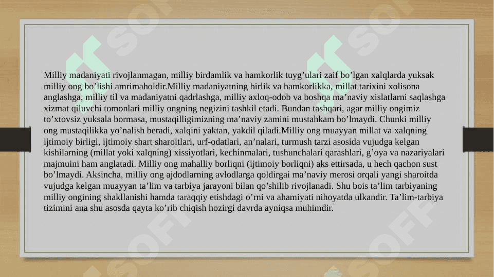 1. Milliy va umuminsoniy qadriyatlar dialektikasi.  2. Diniy  madaniy an’analarning jamiyat taraqqiyotiga ta’siri. 3. Oila va oilaviy qadriyatlar ma’naviy madaniyatning bosh omili. 3