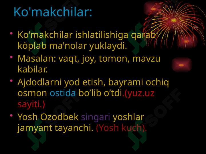 Sohaga oid matnlarda uchraydigan yordamchi va oraliqdagi so’z turkumlarini o'rnini o'rganish. 8
