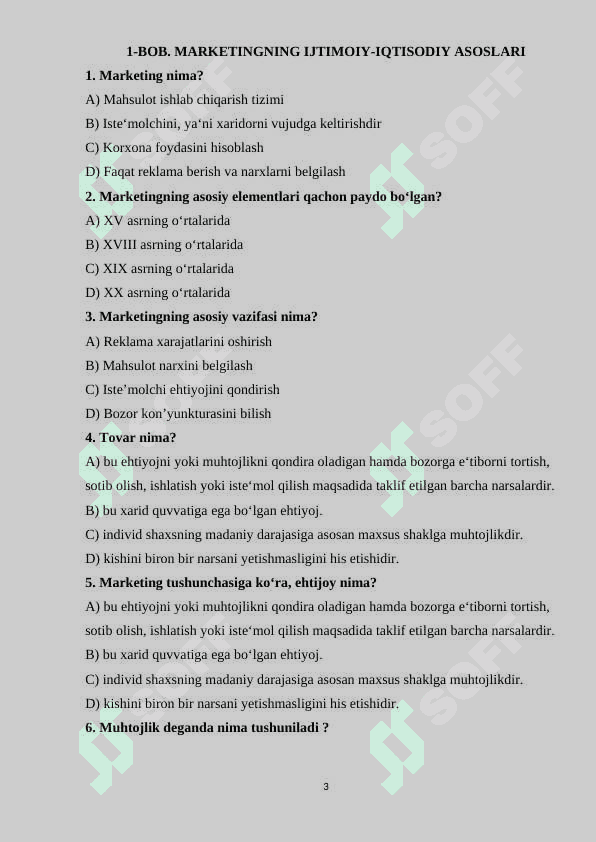 MARKETING FANIDAN TESTLAR TO'PLAMI 3