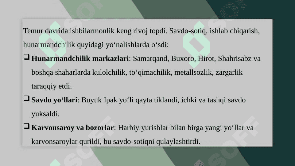 Temur va temuriylar davrida mehnat va ishbilarmonlikka qarashlarning rivojlanishi (SLAYD) 5