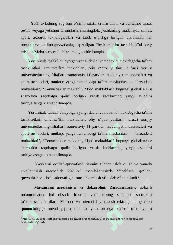MAMLAKATIMIZDA YOSHLARNING IJTIMOIY-SIYOSIY FAOLIYATINI YORITISHDA INTERNETNING O‘RNI 6