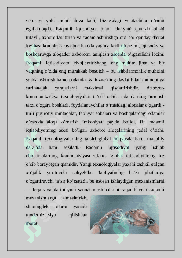 Zamonaviy raqamli texnalogiyalar: gadjetlar, buyumlar interneti, simsiz internet, simsiz internet, 3Dbosma texnalogiyalar. 2
