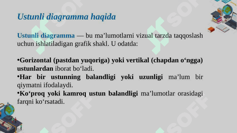 Diagramadan xulosa chiqarish. Ustunli diagramma ustunlari rangini oʻzgartirish. 2