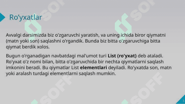 Ro‘yxatlar, ro‘yxatlar bilan ishlash, for takrorlash operatori 3