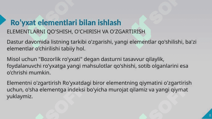 Ro‘yxatlar, ro‘yxatlar bilan ishlash, for takrorlash operatori 8