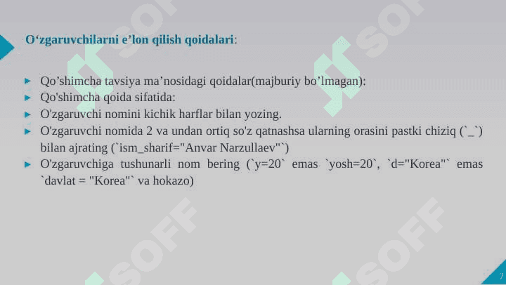 Pythonda ma’lumotlar turlari. Sonlar. Sonlar ustida bajariladigan asosiy arifmetik amallar 7