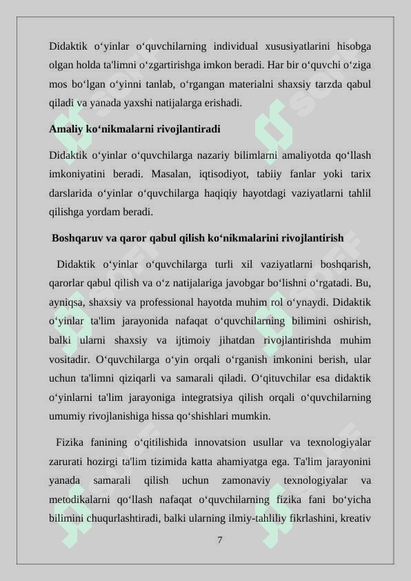 Fizika o’qitish jarayonida didaktik oʻyinlardan foydalanish. 7