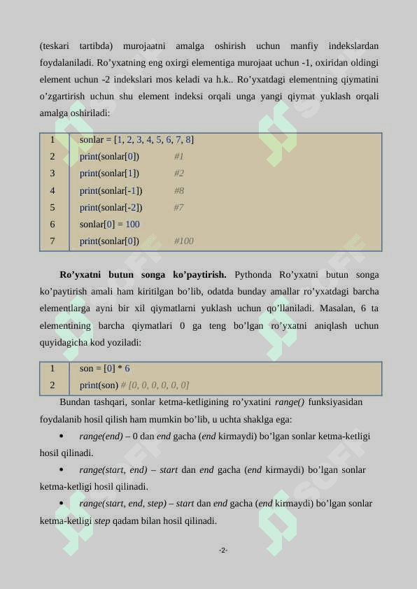 4 Ma'ruza  Python dasturlash tili orqali Ro‘yxat bilan ishlash o‘zgarmas ro‘yxatlar (list) va massivlar 2