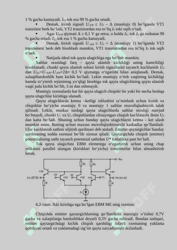 EMITTERLARI BOG’LANGAN MANTIQ. MDYA TRANZISTORIDA YASALGAN MANTIQIY ELEMENTLAR. KOMPLEMENTAR INVERTORLAR. OPTRONLAR 2