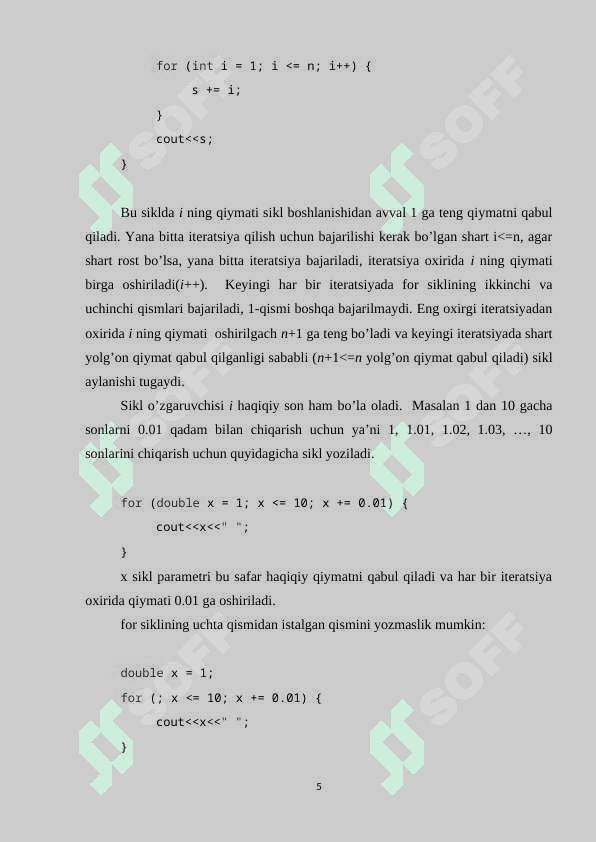 Takrorlanuvchi operatorlar. Parametrli sikl operatori(for), old shart(while) va so’ng shart (do while) operatorlari 5