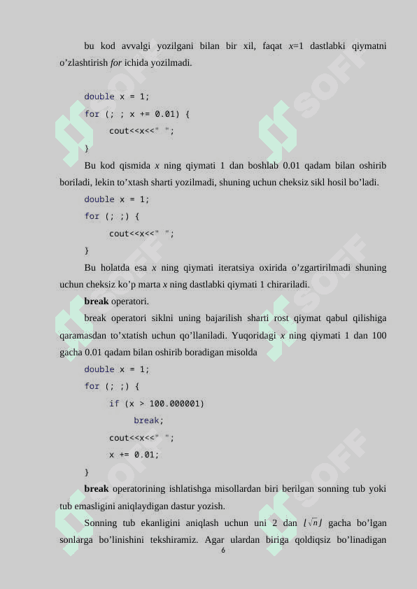 Takrorlanuvchi operatorlar. Parametrli sikl operatori(for), old shart(while) va so’ng shart (do while) operatorlari 6