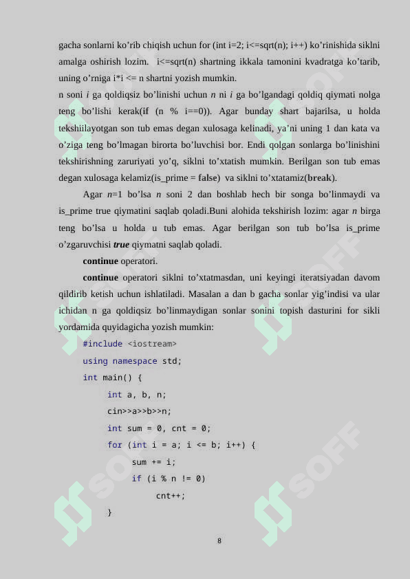Takrorlanuvchi operatorlar. Parametrli sikl operatori(for), old shart(while) va so’ng shart (do while) operatorlari 8