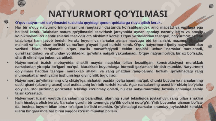 Kontrast rangli jismlardan tashkil topgan mavzuli natyurmort ishlash 4