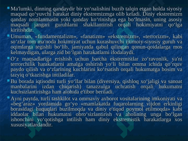 DINIY FANATIZM,EKSTREMIZM, FUNDAMENTALIZM, TERRORIZMNING TARIXI VA ULARNING HOZIRGI DAVRDA XAVFSIZLIKGA TAHDIDI 3