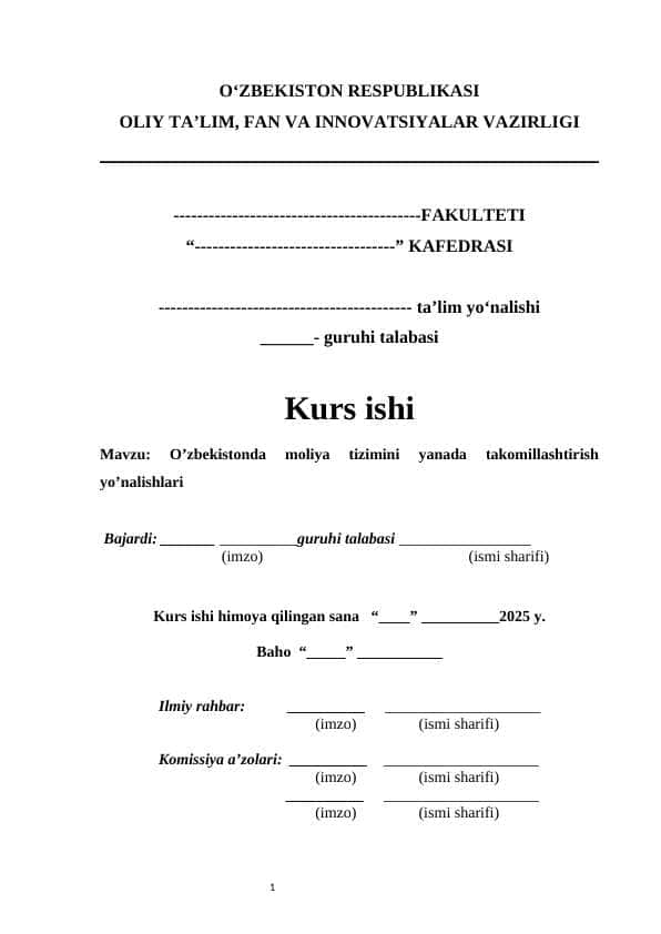 O’zbekistonda moliya tizimini yanada takomillashtirish yo’nalishlari