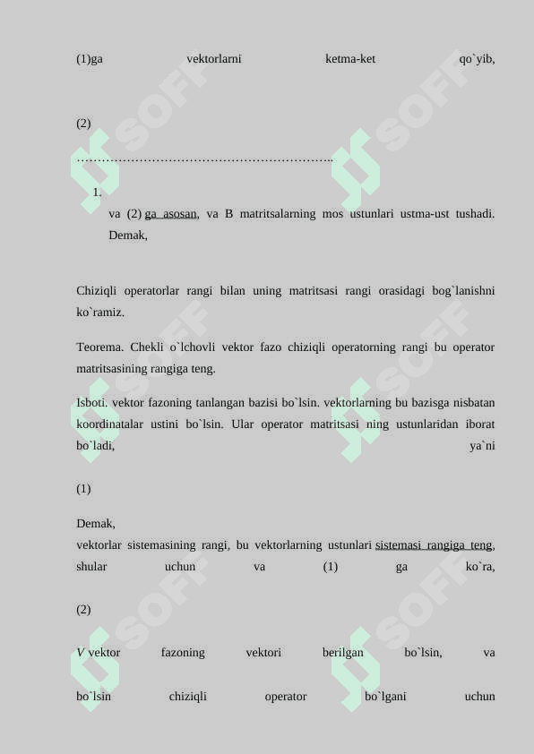 Turli bazislardagi vektorlar, chiziqli operatorlar orasida bog`lanishlar. O`xshash matritsalar 2