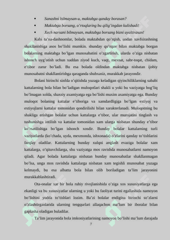 BOLALARNING MAKTABDA TA’LIM OLISHGA TAYYORLIGINI TASHXISLASH USULLARI 7