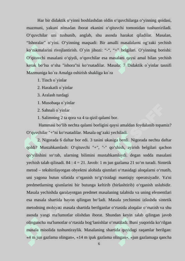 Boshlang‘ich sinflarda matematikadan og‘zaki va yozma hisoblashga doir didaktik o‘yinlar tizimini ishlab chiqish metodikasi 6