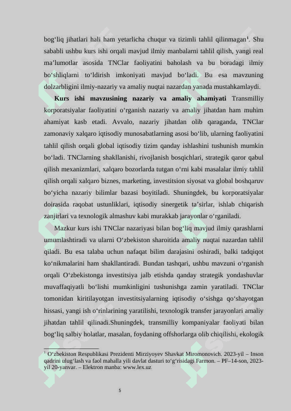 Transmilliy korporatsiyalar, ularning iqtisodiy taraqqiyotdagi 5