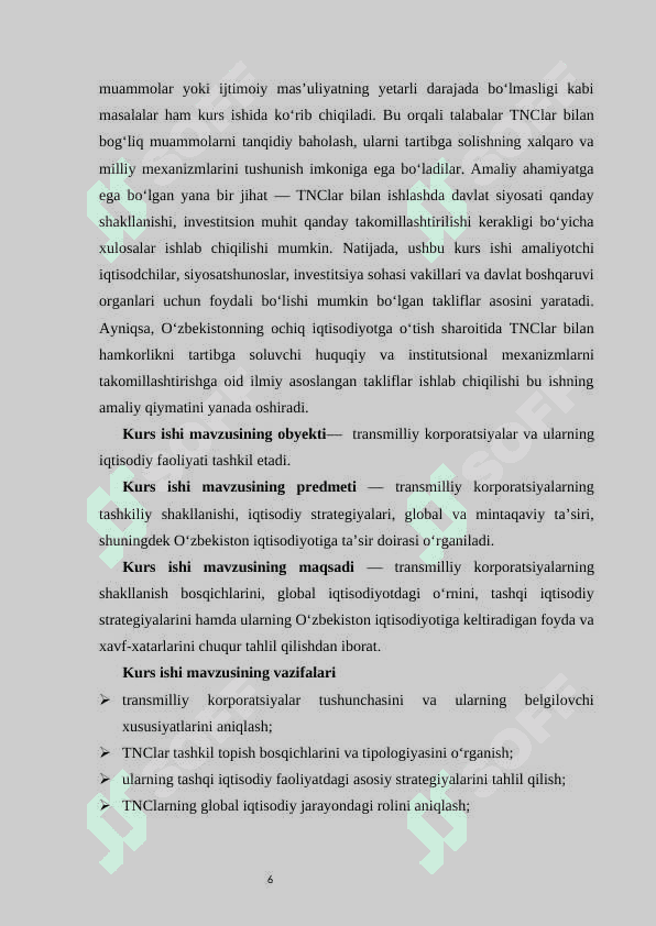 Transmilliy korporatsiyalar, ularning iqtisodiy taraqqiyotdagi 6