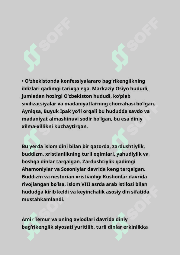 "O'zbekistonda konfessiyalararo diniy bag'rikenglikning tarixiy ildizlari" mavzusida mustaqil ish 2