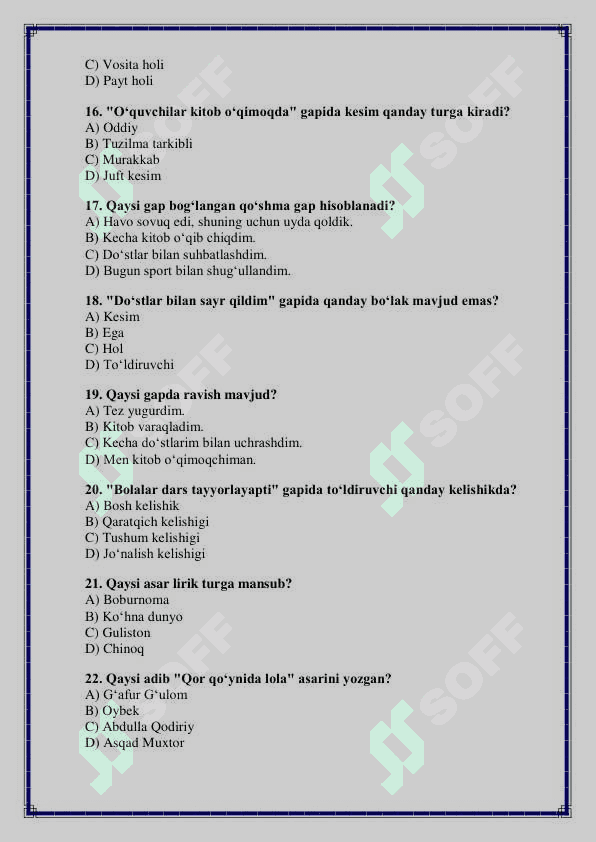 6-sinf Ona tili va adabiyot fanidan 4-chorak uchun test savollari 3