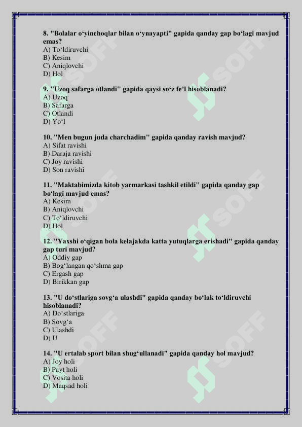 7-Sinf Ona Tili va Adabiyot Fanidan Test Savollari va javoblari 2-chorak 2