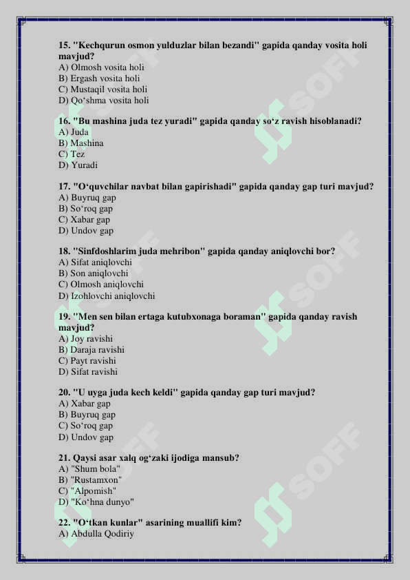 7-Sinf Ona Tili va Adabiyot Fanidan Test Savollari va javoblari 2-chorak 3