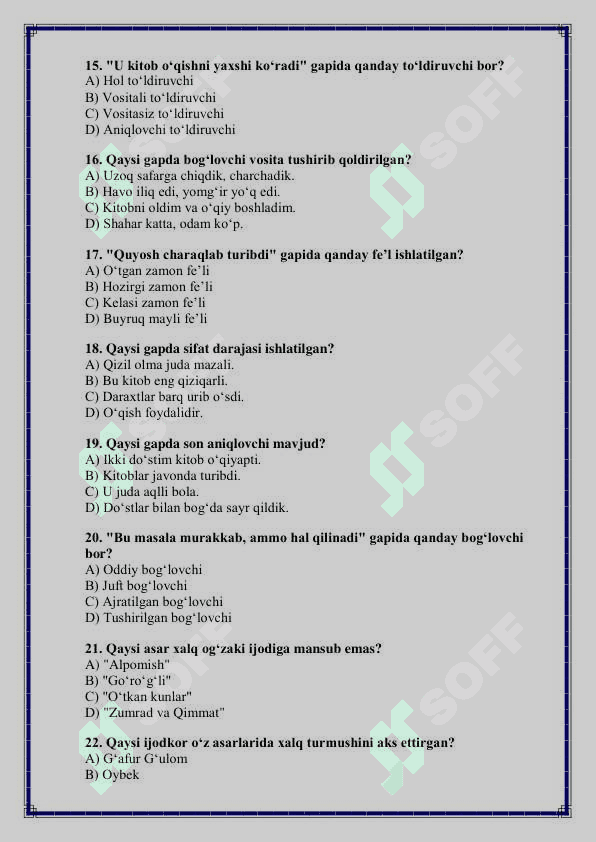8-sinf Ona Tili va Adabiyotdan 2-chorak variantli Test Savollari 3