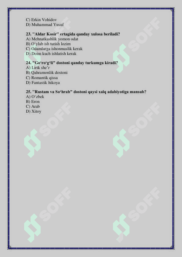 8-sinf Ona Tili va Adabiyotdan 2-chorak variantli Test Savollari 4