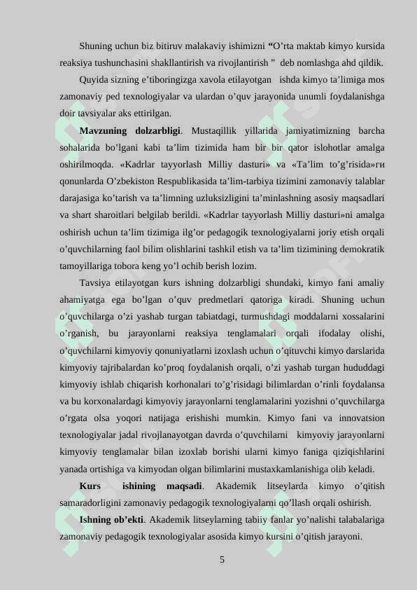 Akademik litseylarda kimyo o’qitishning xususyatlarini, metodikasini ishlab chiqish 5