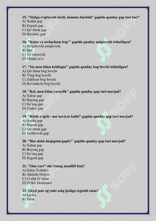 11-sinf Ona tili va adabiyot fanidan 3-chorak variantli test savollari 3