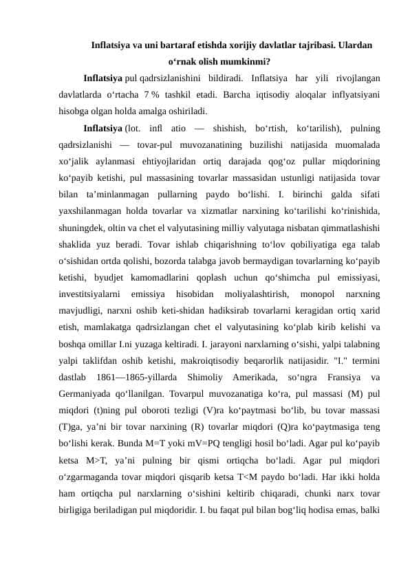 Inflatsiya va uni bartaraf etishda xorijiy davlatlar tajribasi