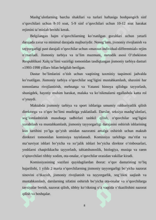 O’rta ta’lim maktabida jismoniy tarbiya o’quv ishlarini rejalashtirish uslubiyati 8