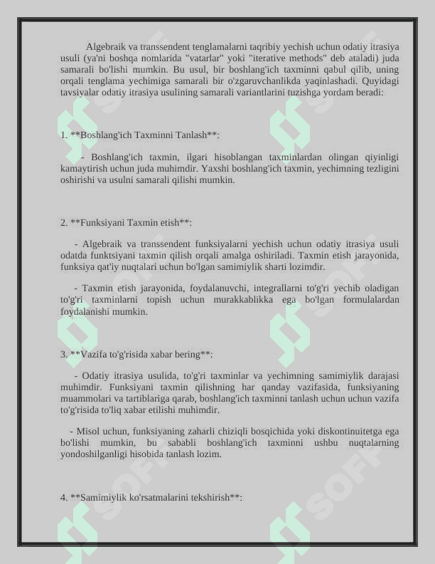 Algebraik va transsendent tenglamalarni taqribiy yechishda odiy itrasiya usuli va uning samarali variantlarini tuzish bo’yicha tavsiyalar. Matrisa normasi va uni aniqlash usullari. 2